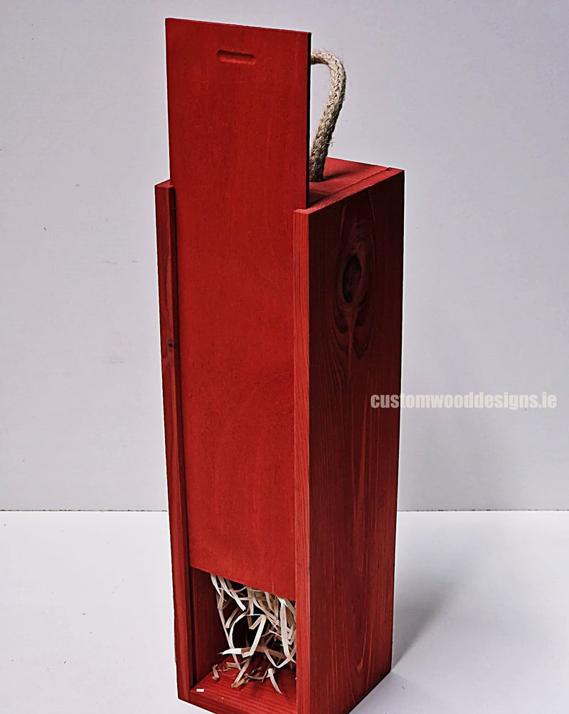 Load image into Gallery viewer, Sliding Lid Bottle Box - Single Red x25 Custom Wood Designs __label: Multibuy Bottle Box Bottle Boxes gift box Gift Boxes Single bottle box wooden Box CustomWoodDesignsIrelandCorporategiftboxesBottleBoxesGiftingboxesforbottleslaserengravedbottleboxespersonalisedbottleboxesCorporateboxesrustic_5_c4ac139f-2cdf-4306-8dc5-53b236650bf6