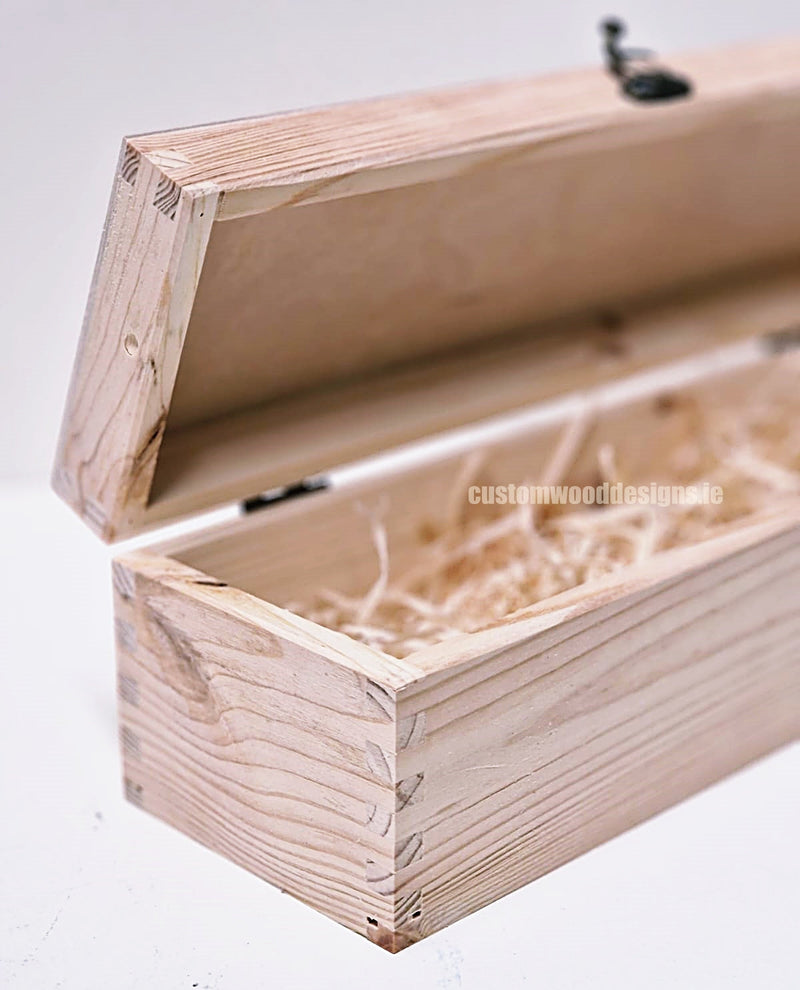 Load image into Gallery viewer, Hinged Lid 1 Bottle Box - Natural x25 Custom Wood Designs __label: Multibuy Bottle Box Bottle Boxes gift box Gift Boxes Single bottle box wooden Box CustomWoodDesignsIrelandCorporategiftboxesBottleBoxesGiftingboxesforbottleslaserengravedbottleboxespersonalisedbottleboxesCorporateboxesrusticboxwinebo_12_f434338d-8986-49be-87ec-a871