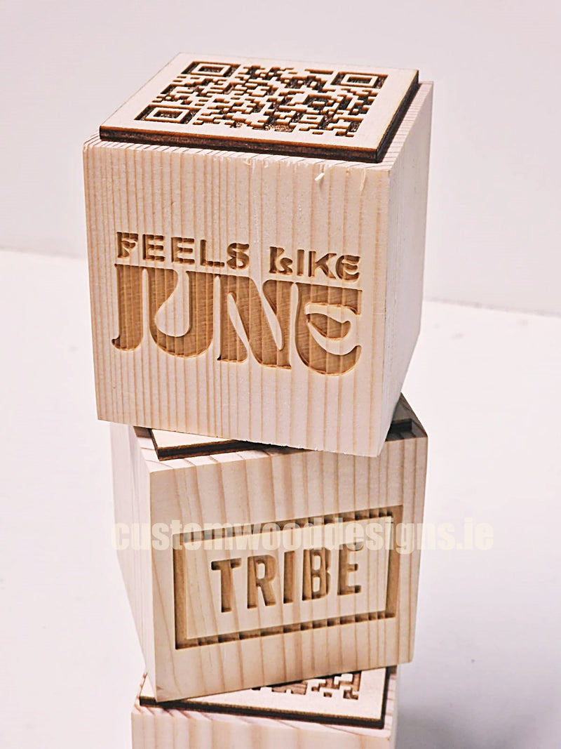 Load image into Gallery viewer, QR Code Block Natural 5 sides Branded 10-1000 Custom Wood Designs CUBA37_1_63ba84eb-4d11-4acd-a9dc-459f87e8d87d
