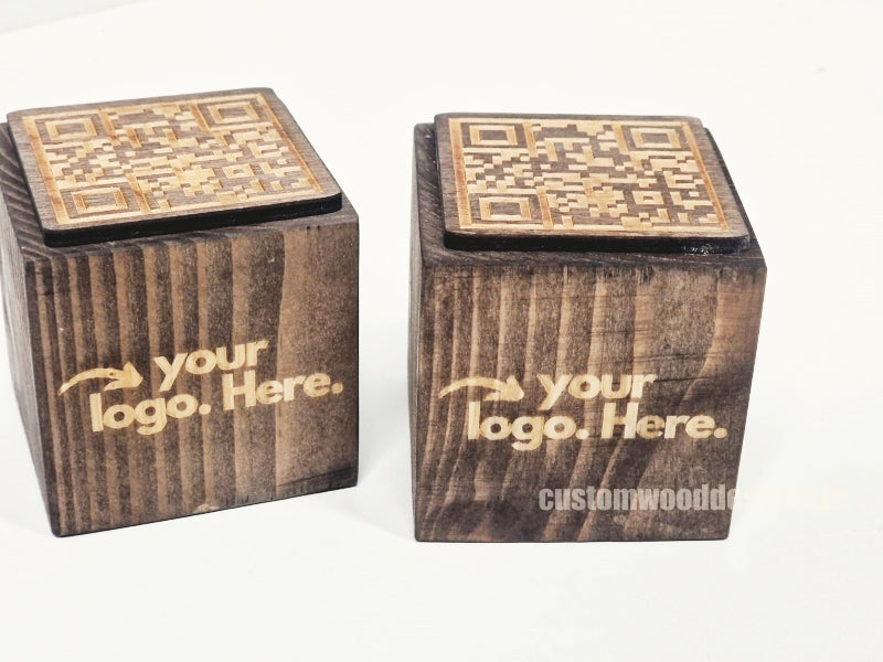 Load image into Gallery viewer, QR Code Block 5 sides Stained &amp; Branded 10-1000 Custom Wood Designs CUSTOM_1_57fcf548-f167-4216-beb4-f3bbb1b3c7d3
