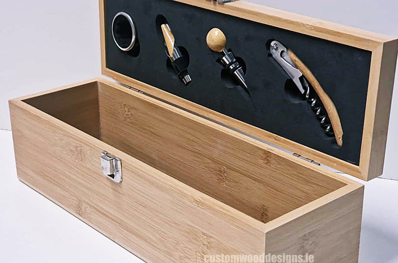 Load image into Gallery viewer, Bamboo Wine Box &amp; Opener set Custom Wood Designs CustomWoodDesignsIrelandCorporategiftboxesBottleBoxesGiftingboxesforbottleslaserengravedbottleboxespersonalisedbottleboxesCorporateboxesrusticboxwinebo_19_010c1647-ac56-4b49-9ee2-41d8
