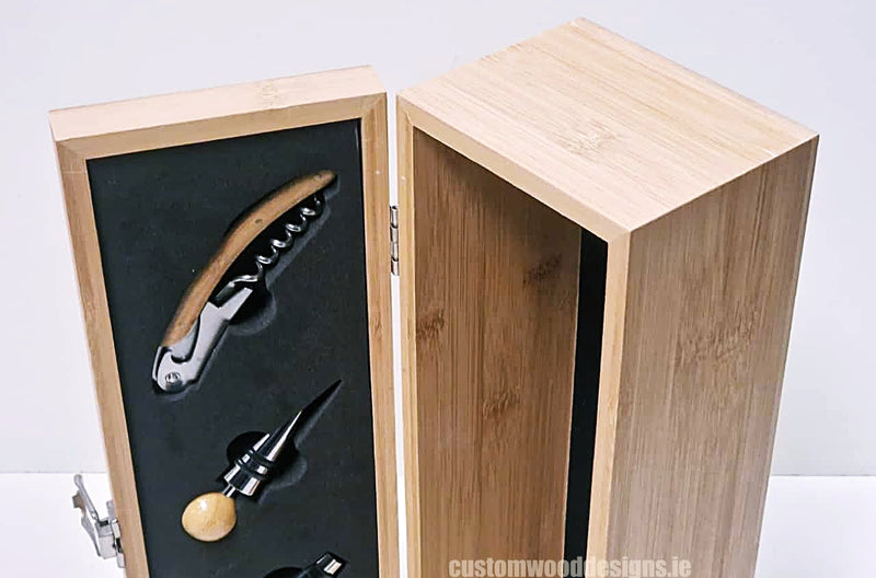 Load image into Gallery viewer, Bamboo Wine Box &amp; Opener set Custom Wood Designs CustomWoodDesignsIrelandCorporategiftboxesBottleBoxesGiftingboxesforbottleslaserengravedbottleboxespersonalisedbottleboxesCorporateboxesrusticboxwinebo_29_4e2e84ad-5dcf-413a-81a9-32f1c4683e16
