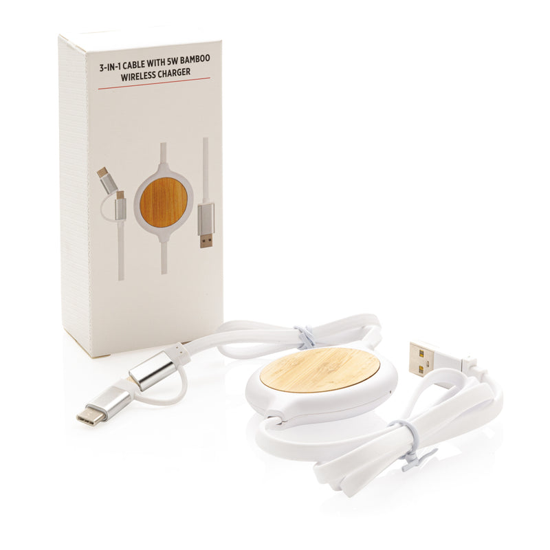Load image into Gallery viewer, 3-in-1 cable with 5W bamboo wireless charger - Custom Wood Designs
