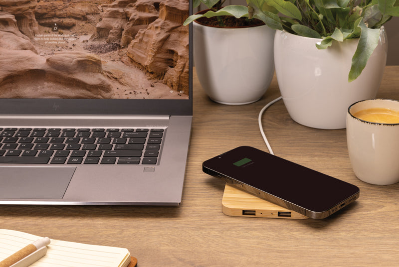 Load image into Gallery viewer, Bamboo 10W wireless charger with USB - Custom Wood Designs
