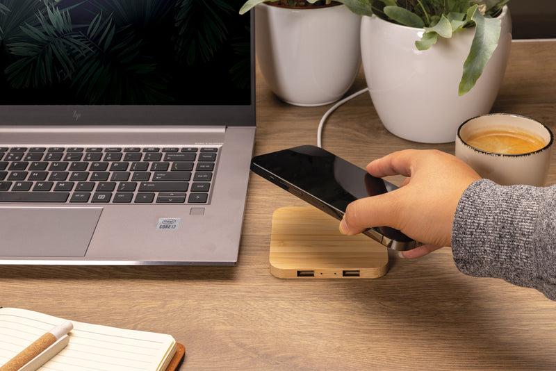 Load image into Gallery viewer, Bamboo 10W wireless charger with USB - Custom Wood Designs
