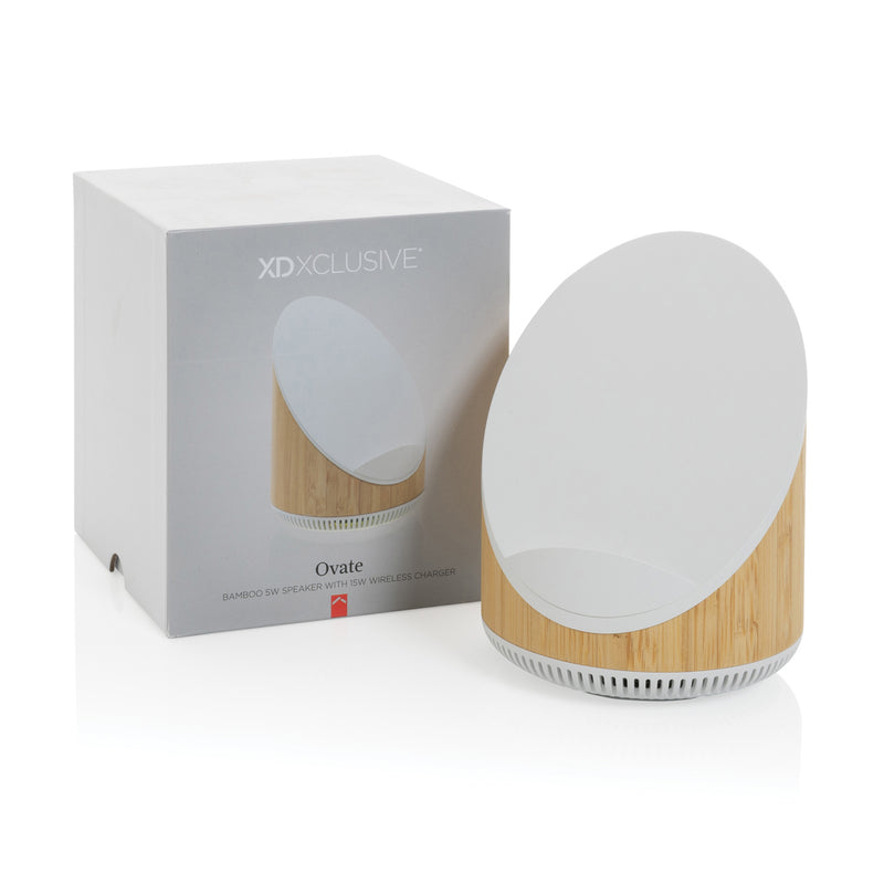 Load image into Gallery viewer, Ovate bamboo 5W speaker with 15W wireless charger - Custom Wood Designs
