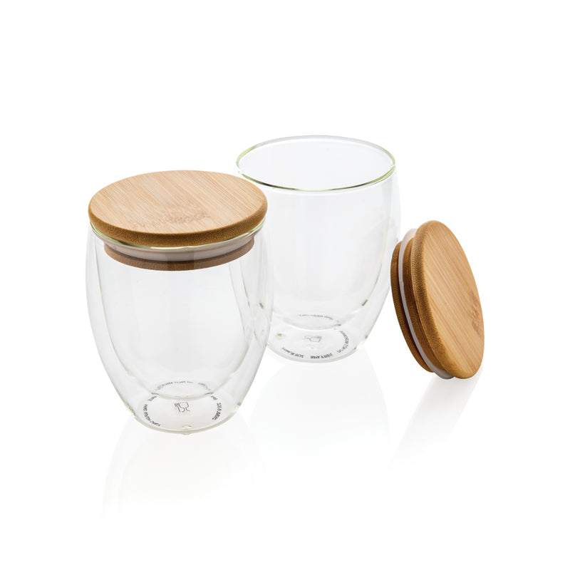 Load image into Gallery viewer, Double wall borosilicate glass with bamboo lid 250ml 2pc set - Custom Wood Designs
