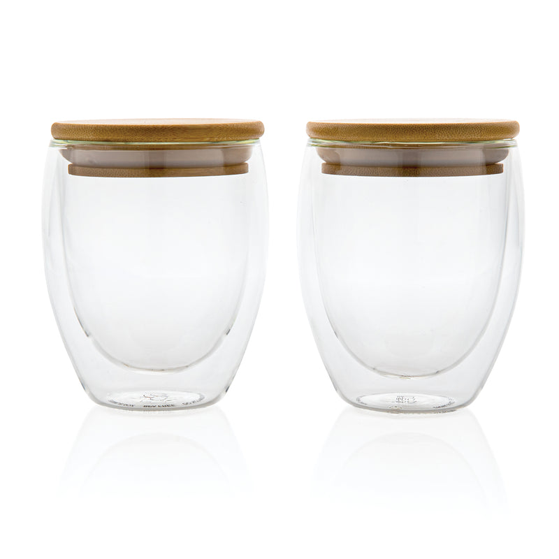 Load image into Gallery viewer, Double wall borosilicate glass with bamboo lid 250ml 2pc set - Custom Wood Designs
