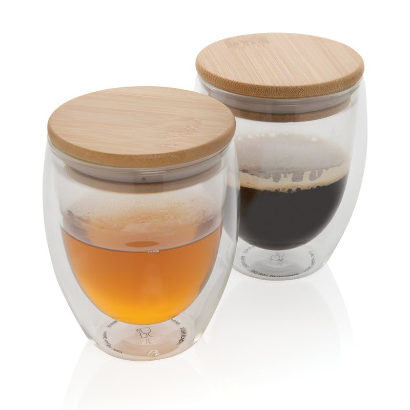 Load image into Gallery viewer, Double wall borosilicate glass with bamboo lid 250ml 2pc set - Custom Wood Designs
