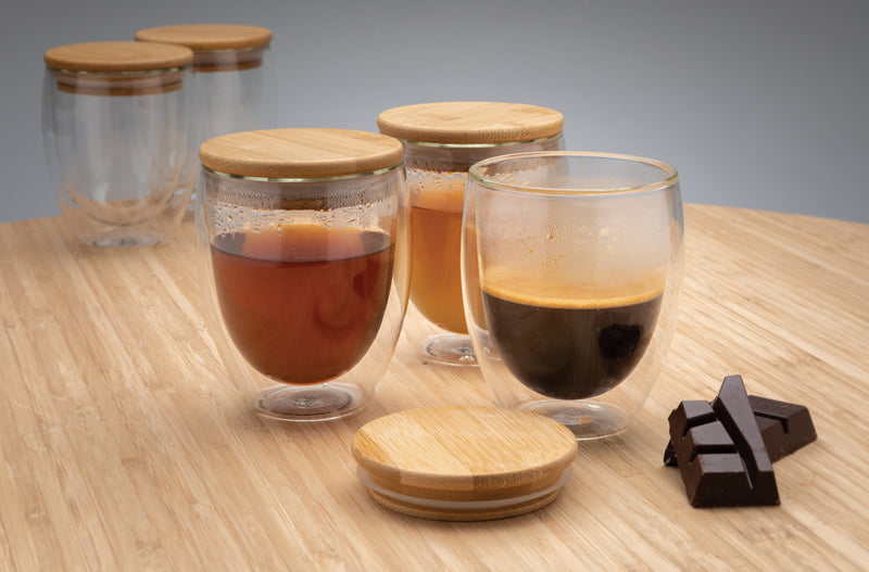 Load image into Gallery viewer, Double wall borosilicate glass with bamboo lid 250ml 2pc set - Custom Wood Designs
