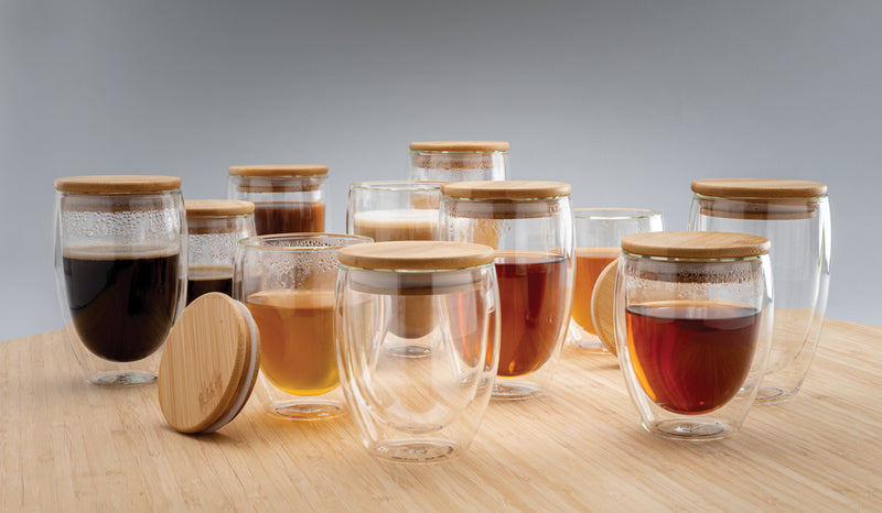 Load image into Gallery viewer, Double wall borosilicate glass with bamboo lid 250ml 2pc set - Custom Wood Designs
