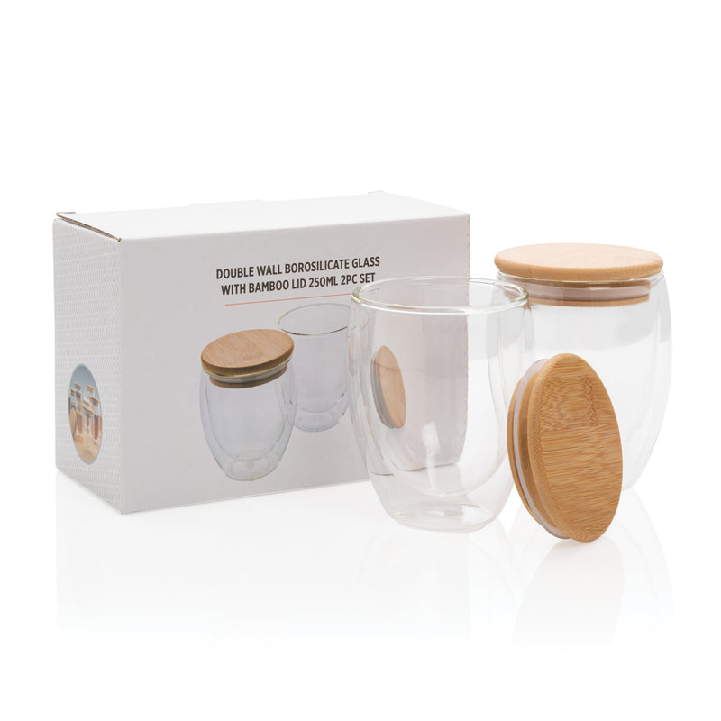 Load image into Gallery viewer, Double wall borosilicate glass with bamboo lid 250ml 2pc set - Custom Wood Designs
