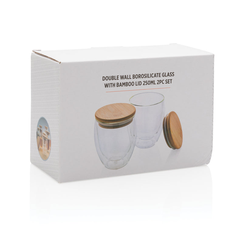 Load image into Gallery viewer, Double wall borosilicate glass with bamboo lid 250ml 2pc set - Custom Wood Designs
