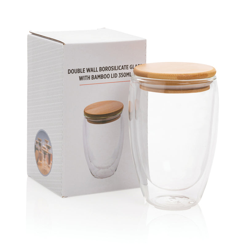 Load image into Gallery viewer, Double wall borosilicate glass with bamboo lid 350ml - Custom Wood Designs
