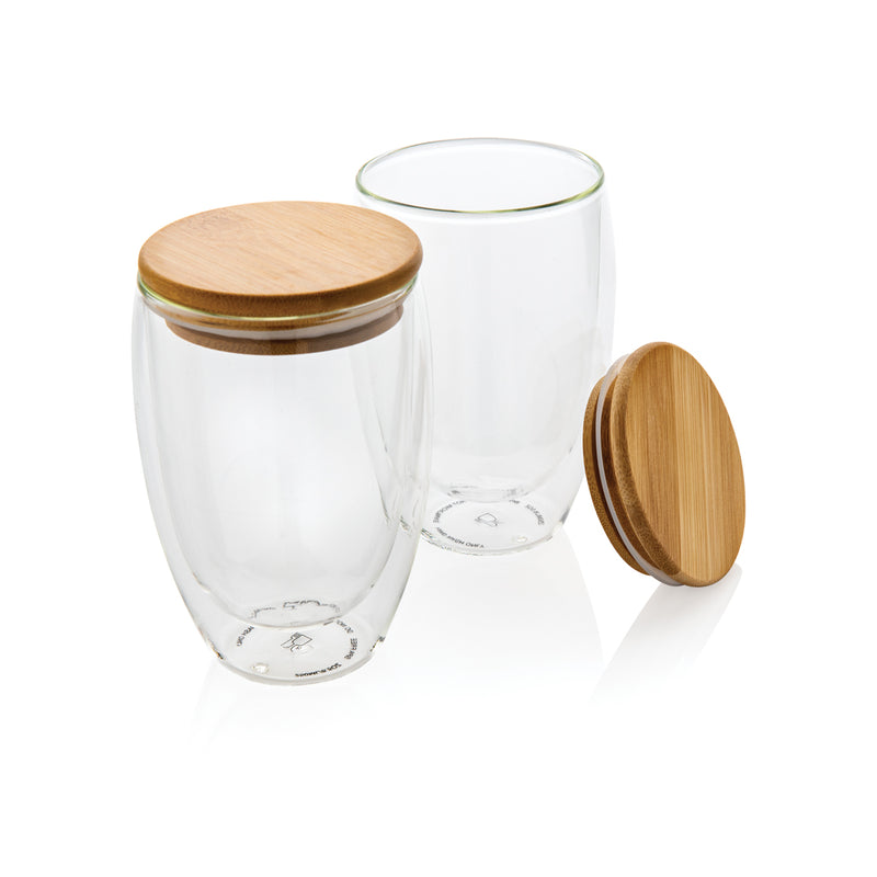 Load image into Gallery viewer, Double wall borosilicate glass with bamboo lid 350ml 2pc set - Custom Wood Designs
