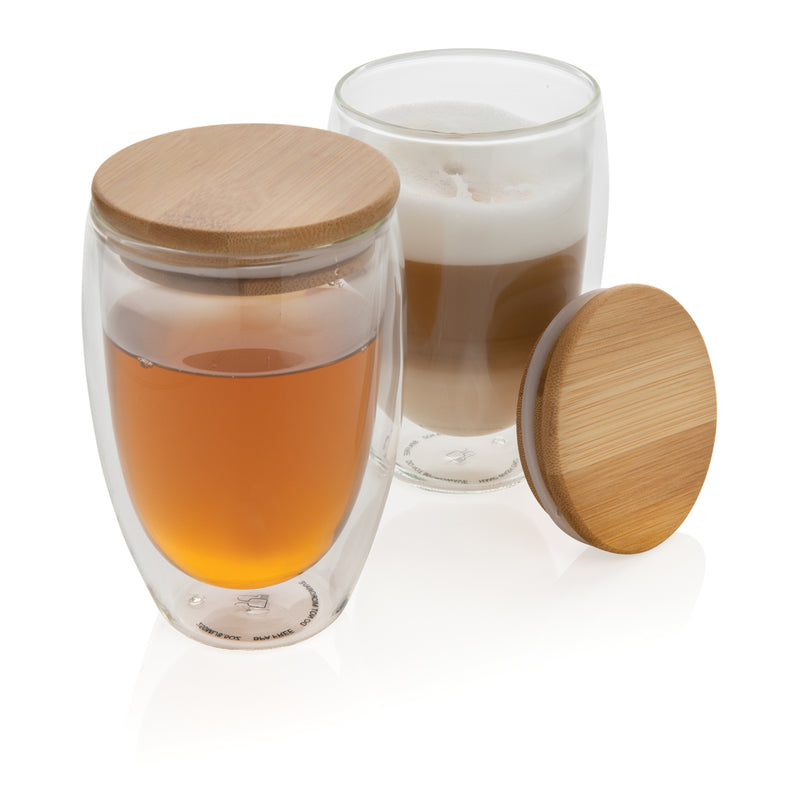 Load image into Gallery viewer, Double wall borosilicate glass with bamboo lid 350ml 2pc set - Custom Wood Designs
