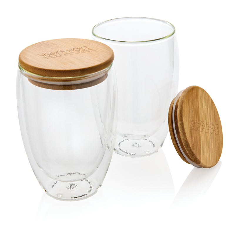 Load image into Gallery viewer, Double wall borosilicate glass with bamboo lid 350ml 2pc set - Custom Wood Designs
