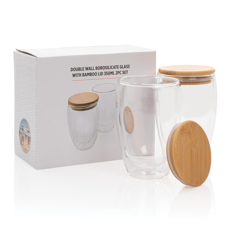 Load image into Gallery viewer, Double wall borosilicate glass with bamboo lid 350ml 2pc set - Custom Wood Designs
