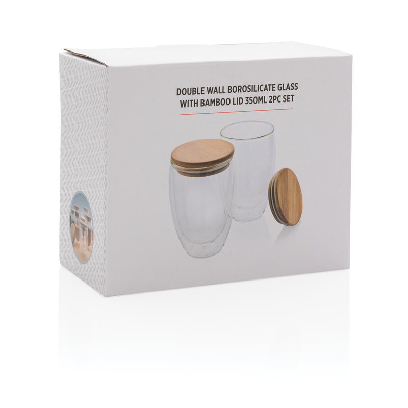 Load image into Gallery viewer, Double wall borosilicate glass with bamboo lid 350ml 2pc set - Custom Wood Designs

