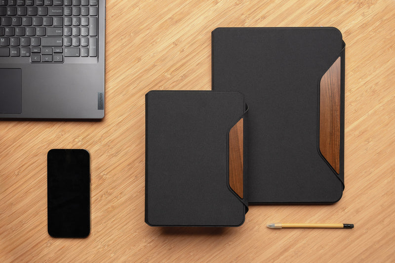 Load image into Gallery viewer, Teri AWARE™ RPET and walnut A5 portfolio - Custom Wood Designs
