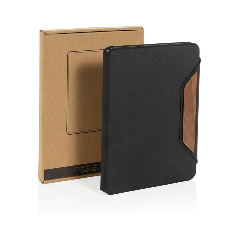 Load image into Gallery viewer, Teri AWARE™ RPET and walnut A5 portfolio - Custom Wood Designs
