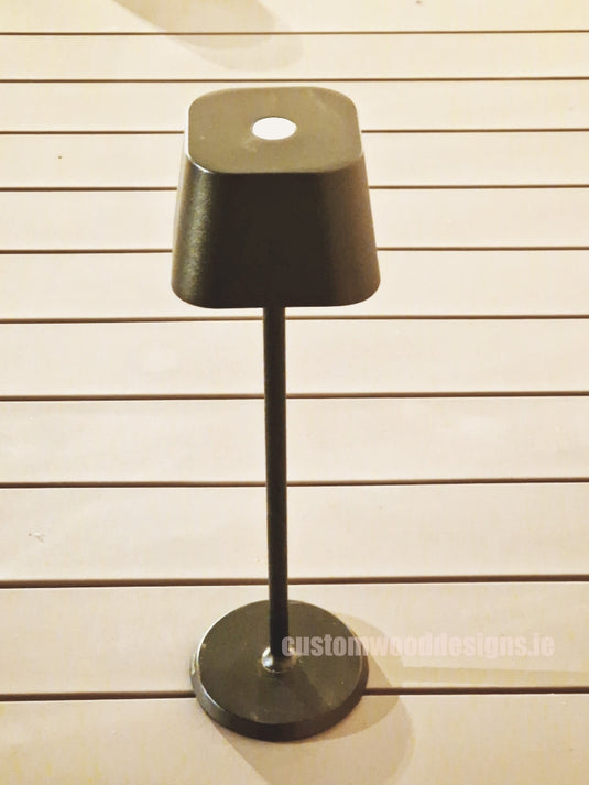 Cordless rechargeable LED table lamp in black for restaurant and hotel tables – available from Custom Wood Designs Ireland