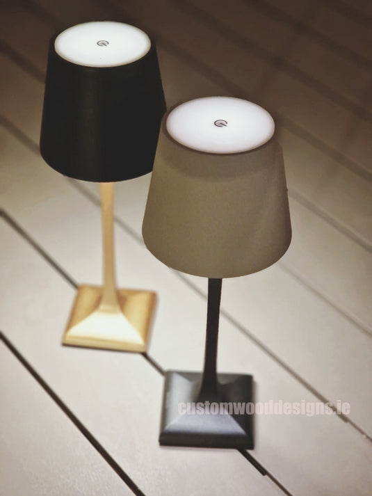 Cordless rechargeable LED table lamp in black for restaurant and hotel tables – available from Custom Wood Designs Ireland