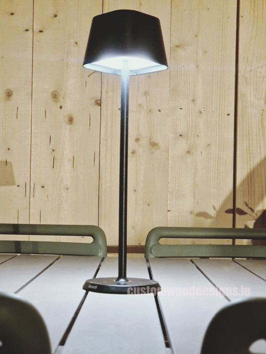Cordless rechargeable LED table lamp in black for restaurant and hotel tables – available from Custom Wood Designs Ireland
