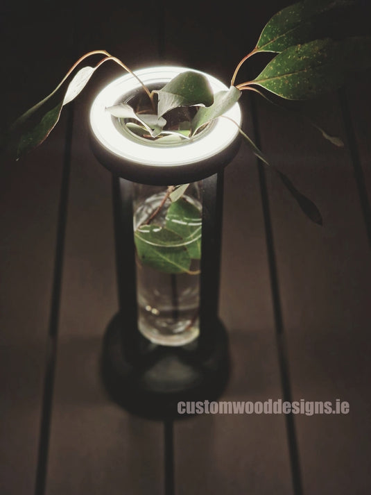 Cordless rechargeable LED table lamp in black for restaurant and hotel tables – available from Custom Wood Designs Ireland