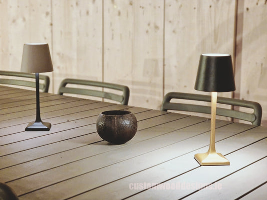Cordless rechargeable LED table lamp in black for restaurant and hotel tables – available from Custom Wood Designs Ireland