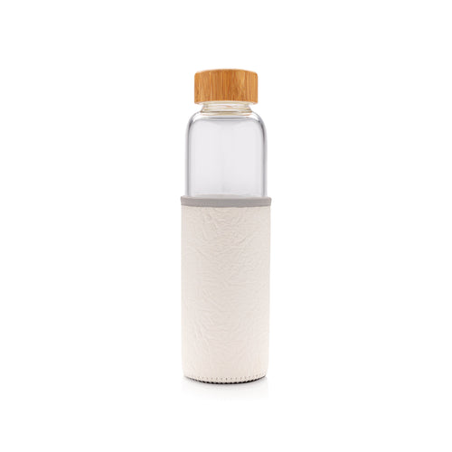 Glass bottle 550ml with bamboo lid & textured PU sleeve pack of 25 White/Grey Custom Wood Designs __label: Multibuy black-glass-bottle-550ml-with-bamboo-lid-textured-pu-sleeve-pack-of-25-53613712736599