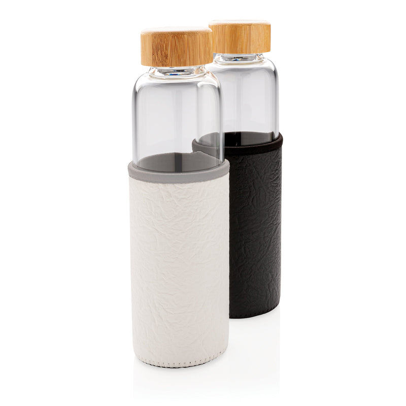 Load image into Gallery viewer, Glass bottle 550ml with bamboo lid &amp; textured PU sleeve pack of 25 Custom Wood Designs __label: Multibuy black-glass-bottle-550ml-with-bamboo-lid-textured-pu-sleeve-pack-of-25-53613714014551
