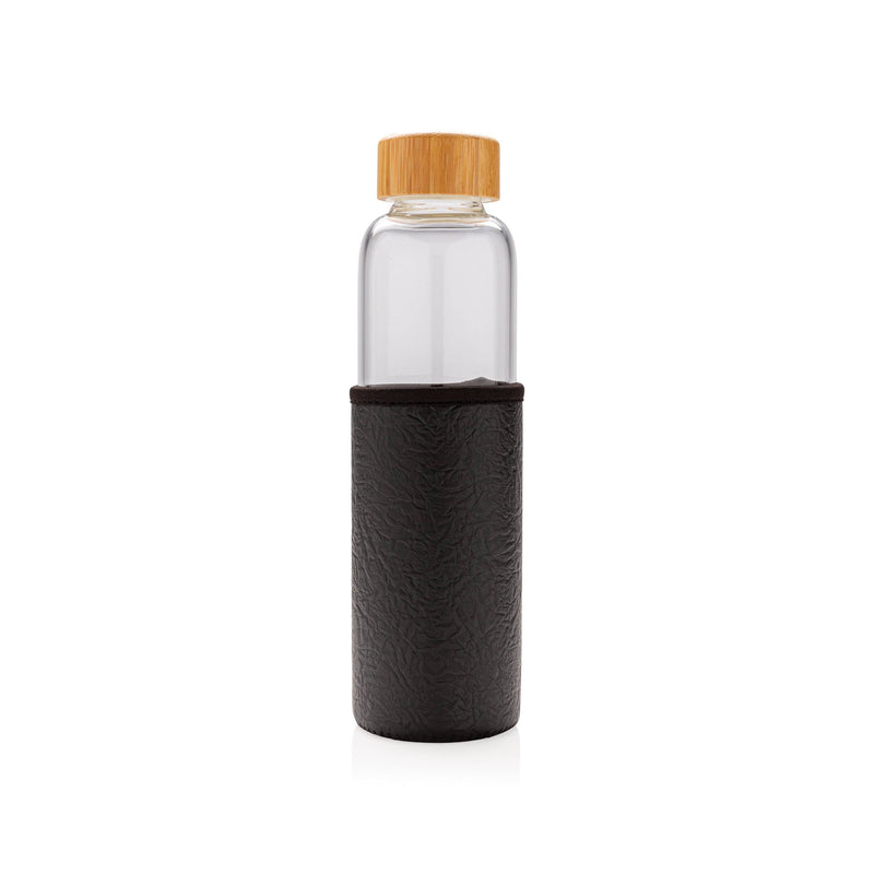 Load image into Gallery viewer, Glass bottle 550ml with bamboo lid &amp; textured PU sleeve pack of 25 Black Custom Wood Designs __label: Multibuy black-glass-bottle-550ml-with-bamboo-lid-textured-pu-sleeve-pack-of-25-56106629923159

