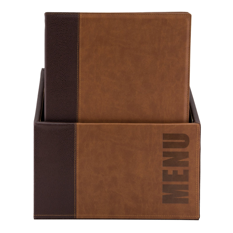 Load image into Gallery viewer, Leather style A4 menu holders in box 2 packs of 20 Light Brown Custom Wood Designs black-leather-style-a4-menu-holders-in-box-2-packs-of-20-52066870427991
