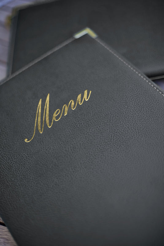 Leather style long menu holder pack of 10 Custom Wood Designs __label: Multibuy black-leather-style-long-menu-holder-pack-of-10-53613250806103