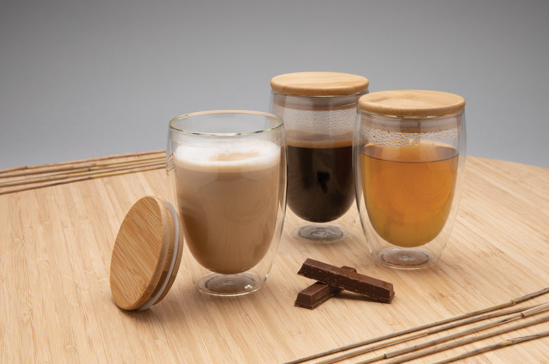 Load image into Gallery viewer, Double wall borosilicate glass with bamboo lid 350ml pack of 25 Custom Wood Designs __label: Multibuy default-title-double-wall-borosilicate-glass-with-bamboo-lid-350ml-pack-of-25-53613719912791

