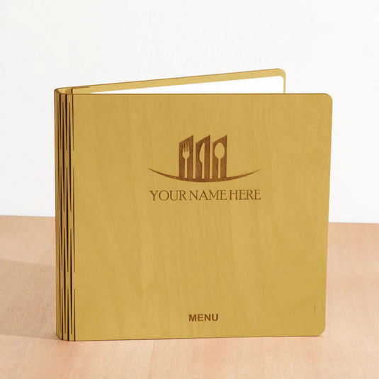20 x Personalised Wood Menus 20x20cm Custom Wood Designs __label: Multibuy naturalmenucustomwooddesignshopitality