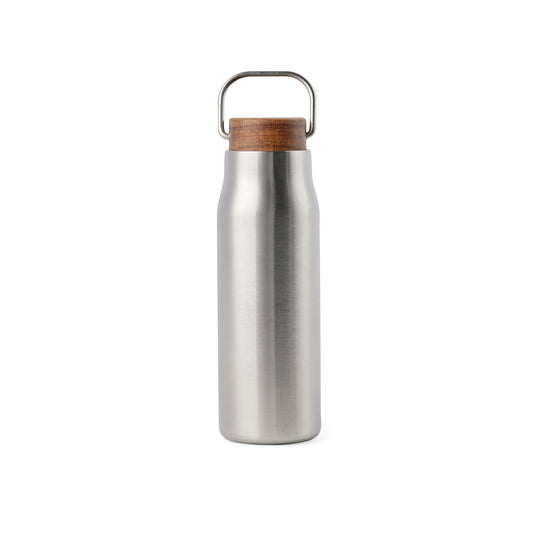 Recycled Vacuum bottle 300ml with acacia wood lid pack of 25 Silver Custom Wood Designs __label: Multibuy silvervacuumrecycledbottlecustomwooddesigns